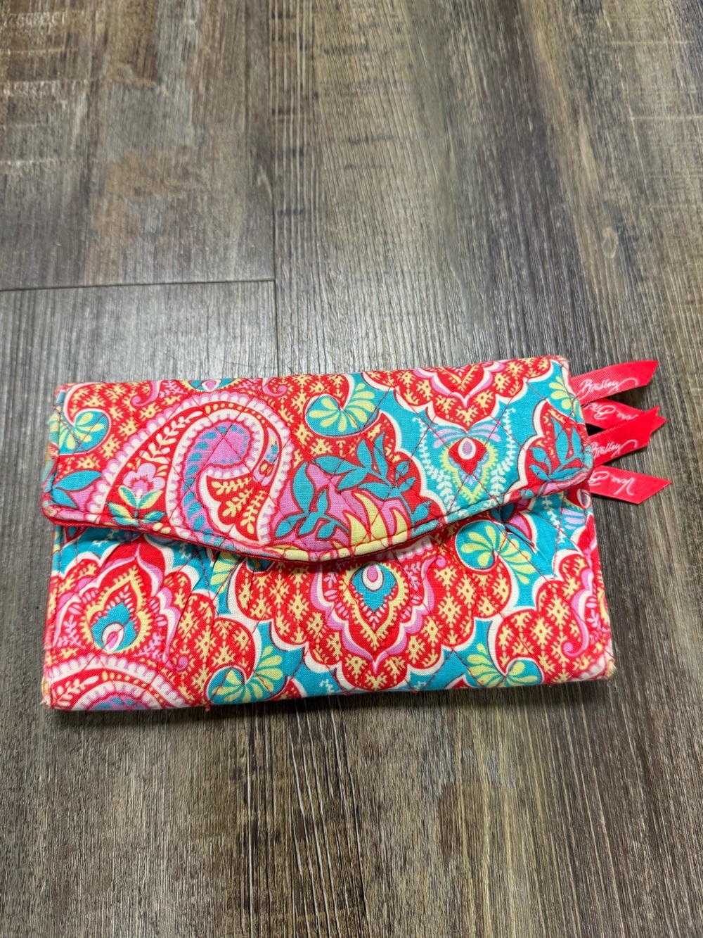 Vera Bradley Quilted Paisley Foldover Clutch -Red Turquoise Wear On The Corners